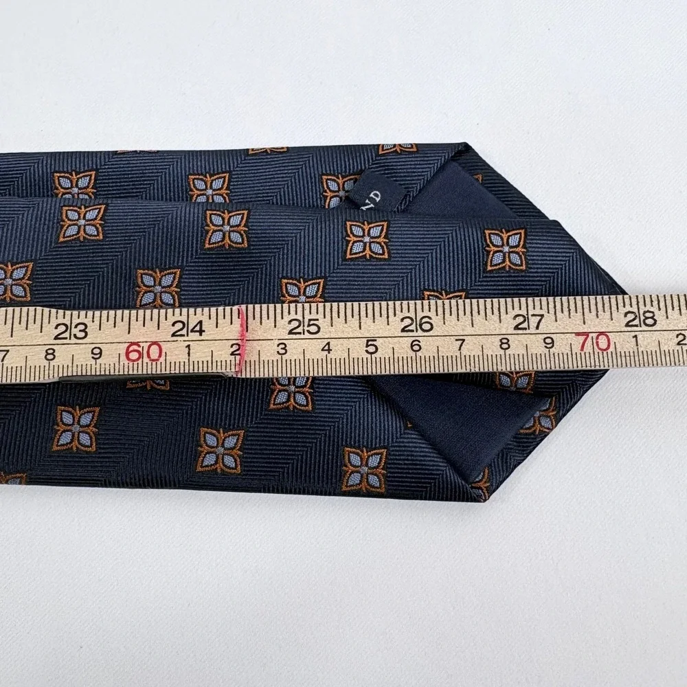 Lands' End Necktie Navy Blue Orange Geometric Medallion Herringbone Polyeser Tie